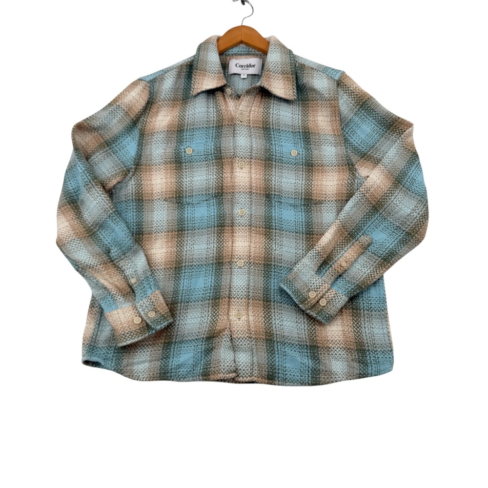 Corridor NYC Long Sleeve Shacket Men S Blue Brown Green Organic Cotton Flannel